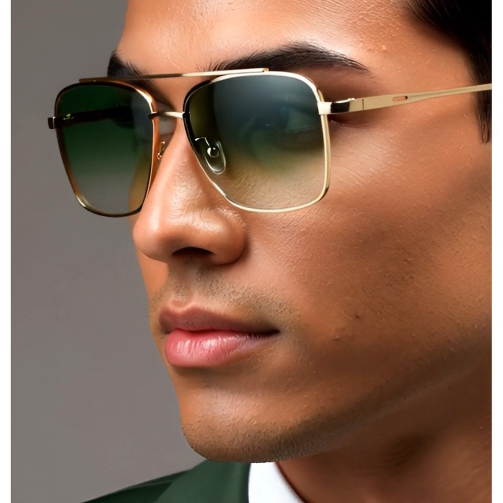 Men's Oversized Square Aviator Sunglasses Gold Frame Gradient Green Lenses Gafas